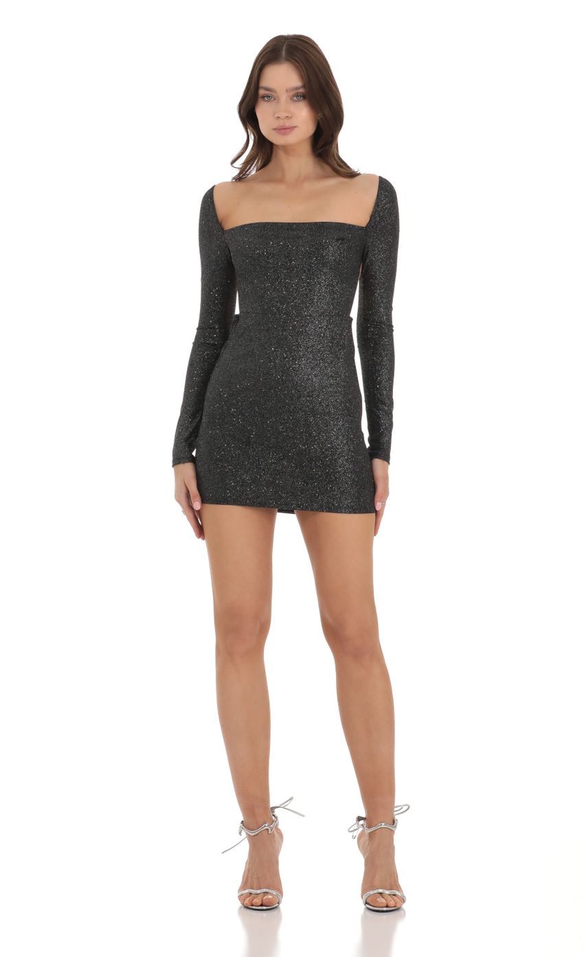 Picture Shimmer Long Sleeve Open Back Bodycon Dress in Black. Source: https://media.lucyinthesky.com/data/Nov23/850xAUTO/cf57ae53-c01c-482d-9427-a90e85e5196b.jpg