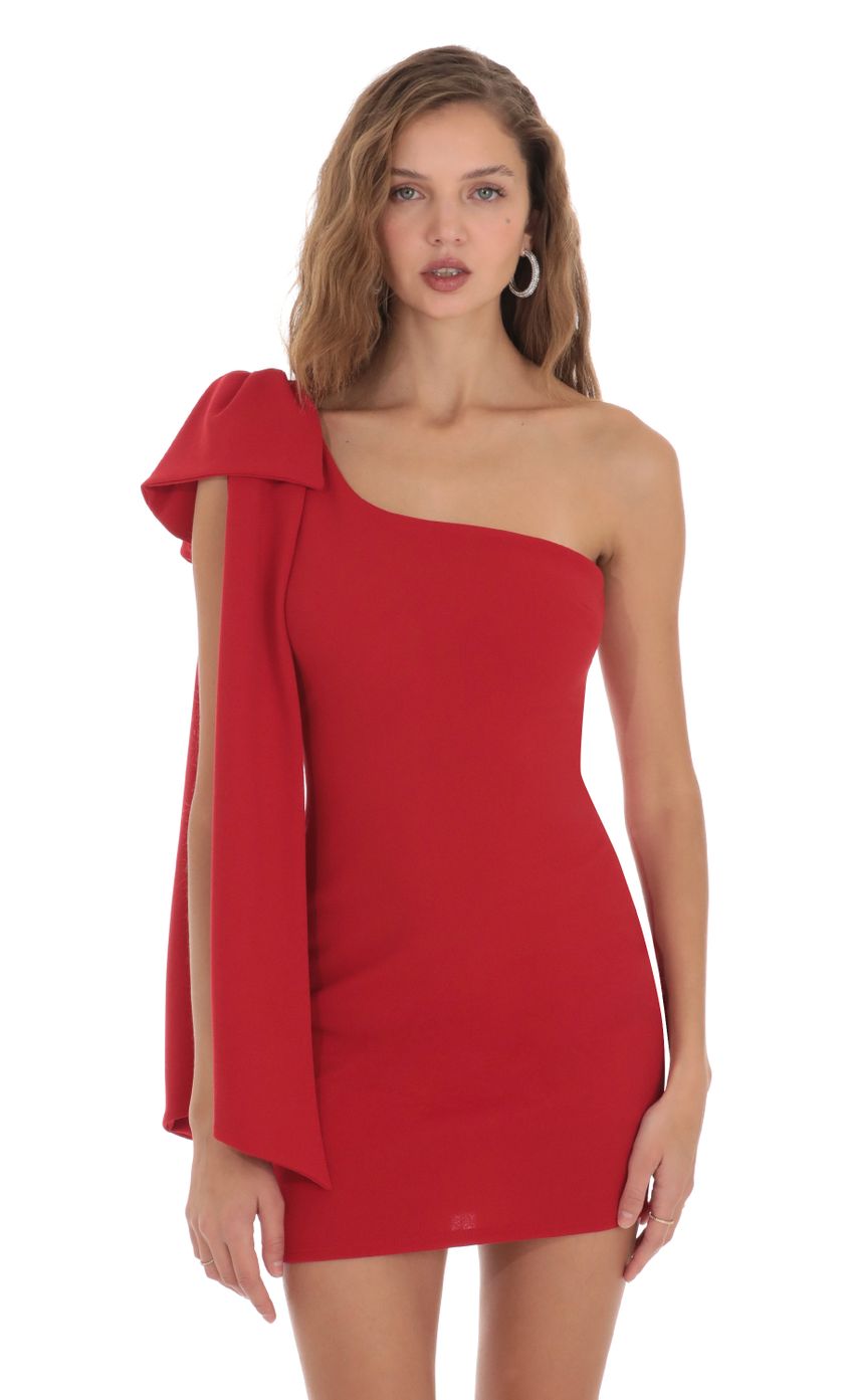 One Shoulder Bow Tie Dress in Red | LUCY IN THE SKY