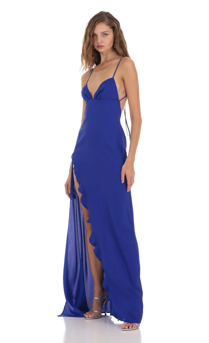 Picture Satin Ruffle Maxi Dress in Royal Blue. Source: https://media.lucyinthesky.com/data/Nov23/850xAUTO/e1257810-5f1e-4097-b137-30e20621f6fa.jpg