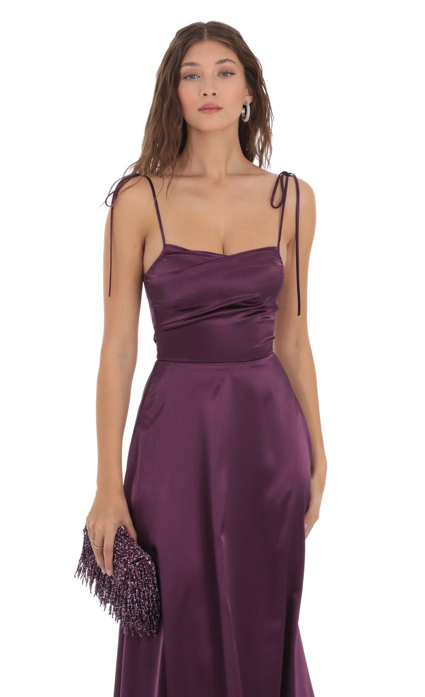 Picture Satin Shoulder Tie Dress in Purple. Source: https://media.lucyinthesky.com/data/Nov23/850xAUTO/e22f9d76-34be-41bf-961f-8644f59d8c84.jpg