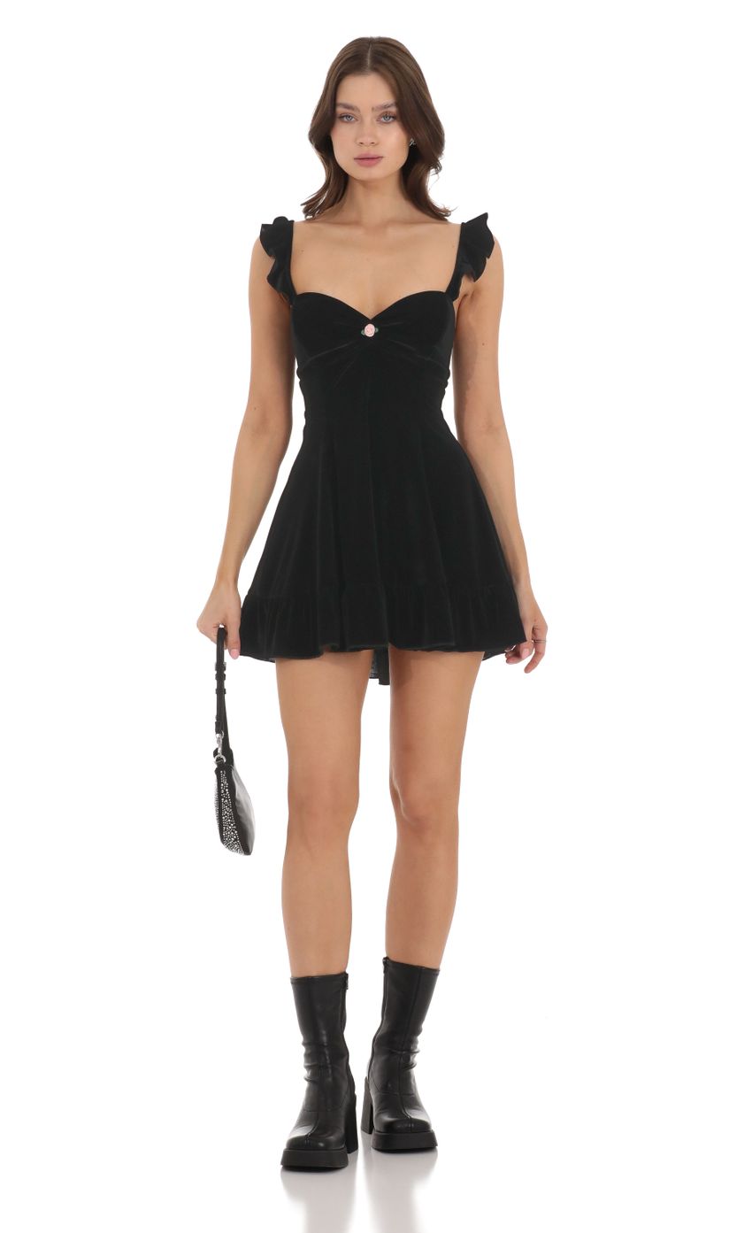 Picture Velvet Ruffle Strap A-Line Dress in Black. Source: https://media.lucyinthesky.com/data/Nov23/850xAUTO/e3488468-d855-4b13-9154-85aba0ffbd98.jpg