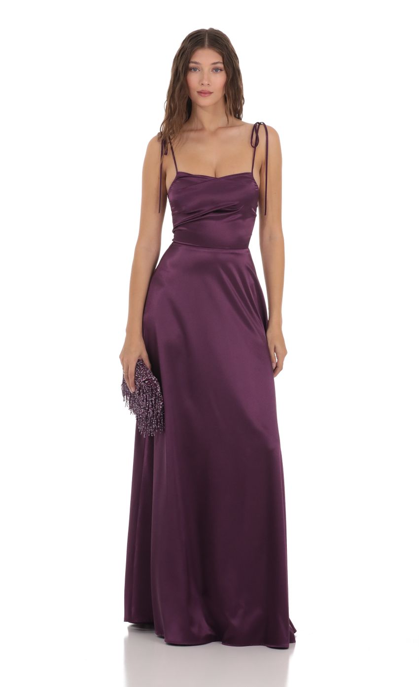 Picture Satin Shoulder Tie Dress in Purple. Source: https://media.lucyinthesky.com/data/Nov23/850xAUTO/f5daa2eb-840a-4784-ad27-30889a2ef589.jpg