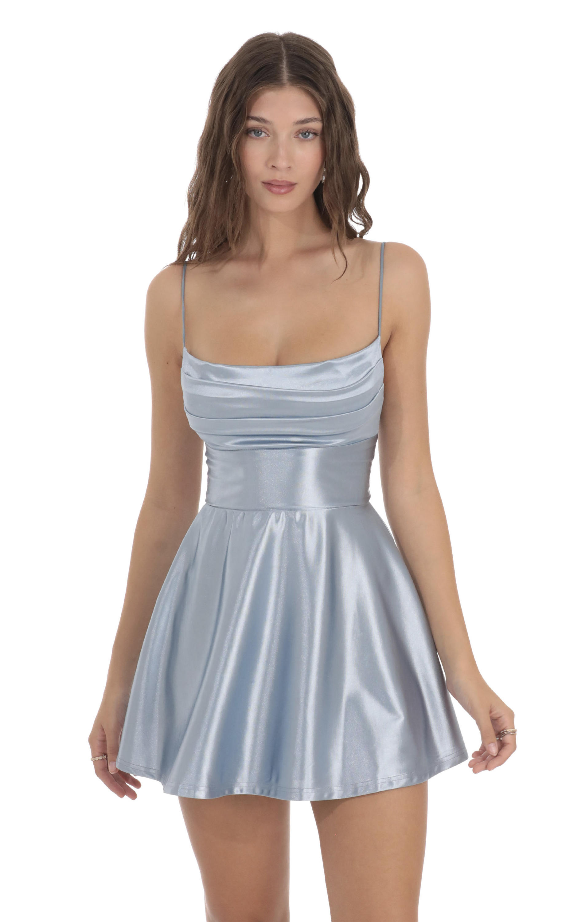 Jewel Satin Cowl Neck Dress in Blue