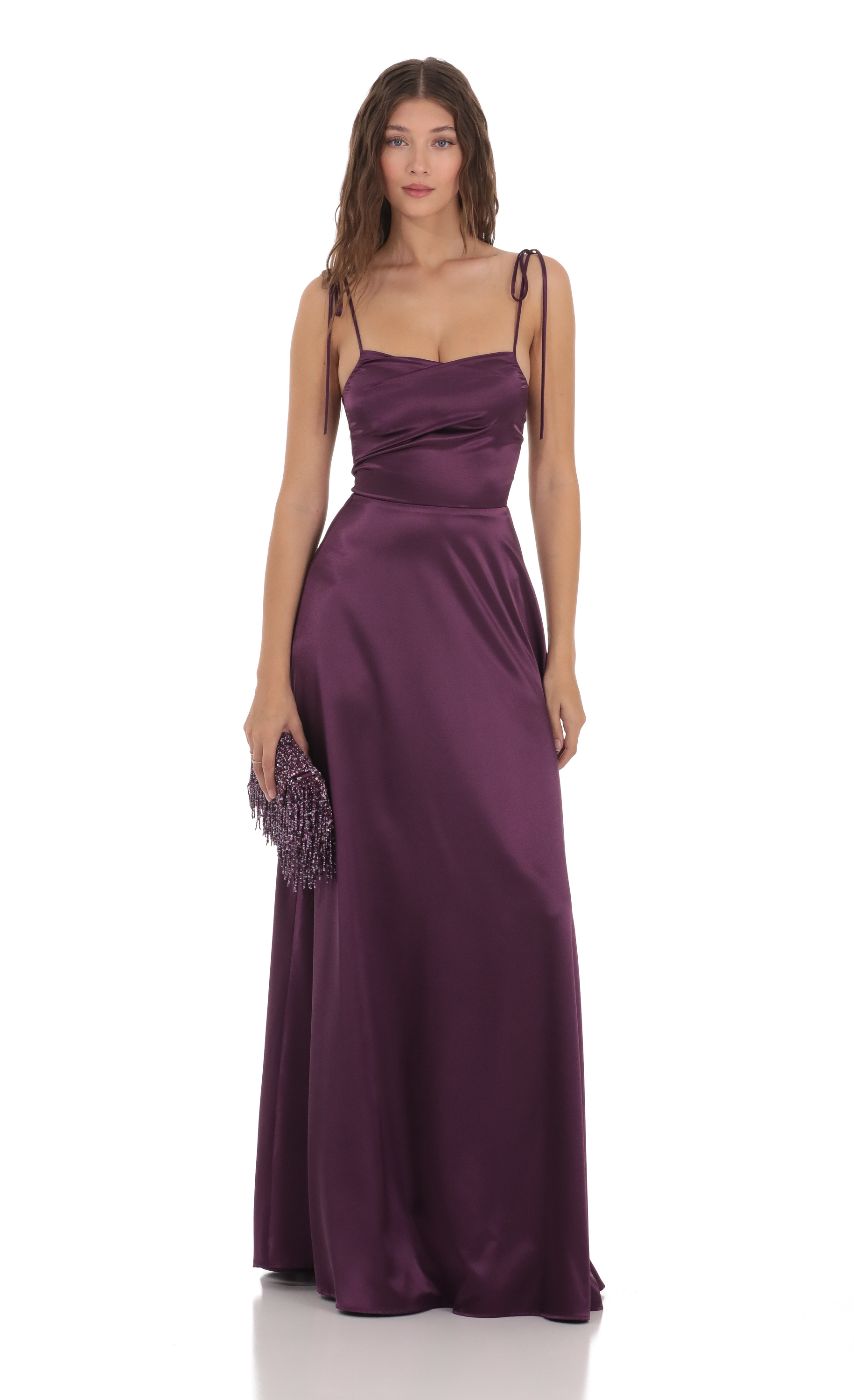 Satin Shoulder Tie Dress in Purple