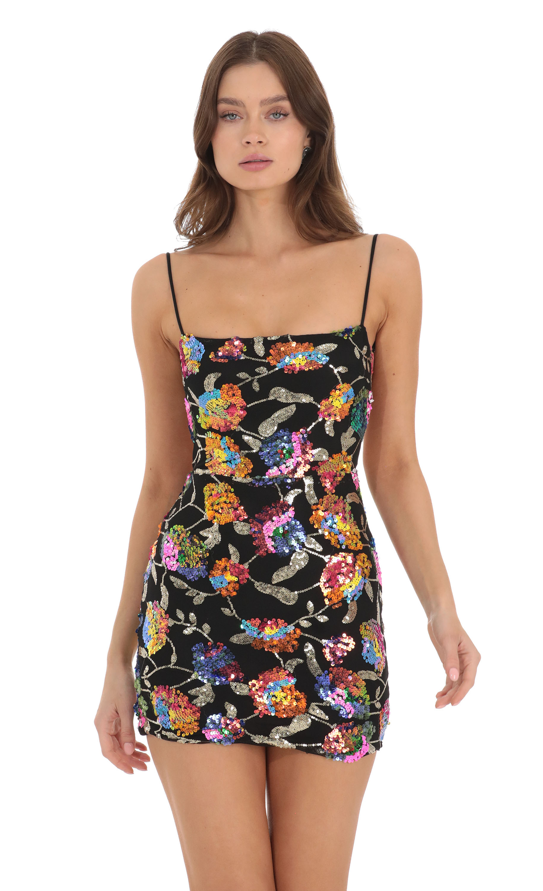 Darcie Sequin Floral Bell Sleeve Dress in Black