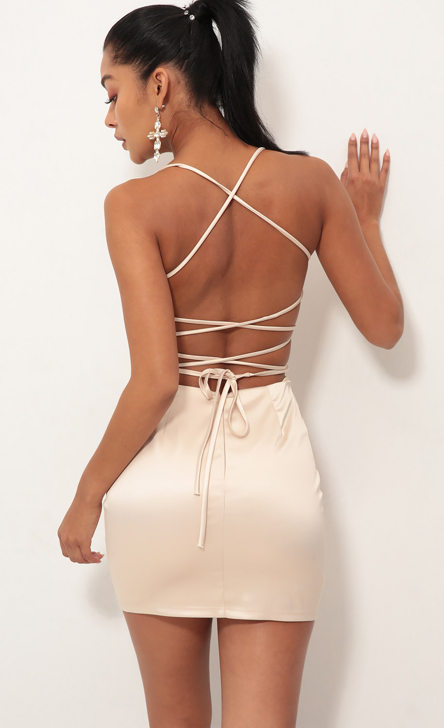 Lulu Satin Lace-up Dress in Champagne