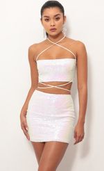 Picture Eva Iridescent Sequin Skirt Set in White. Source: https://media.lucyinthesky.com/data/Oct18_1/150xAUTO/0Y5A2967.JPG