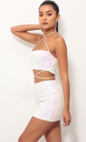 Picture thumb Eva Iridescent Sequin Skirt Set in White. Source: https://media.lucyinthesky.com/data/Oct18_1/170xAUTO/0Y5A2989.JPG