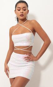 Picture thumb Eva Iridescent Sequin Skirt Set in White. Source: https://media.lucyinthesky.com/data/Oct18_1/170xAUTO/0Y5A3016S.JPG