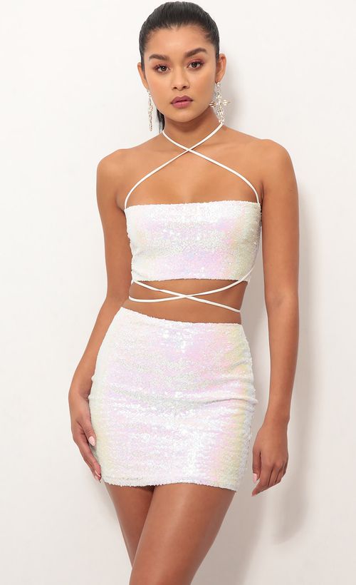 Picture Eva Iridescent Sequin Skirt Set in White. Source: https://media.lucyinthesky.com/data/Oct18_1/500xAUTO/0Y5A2967.JPG
