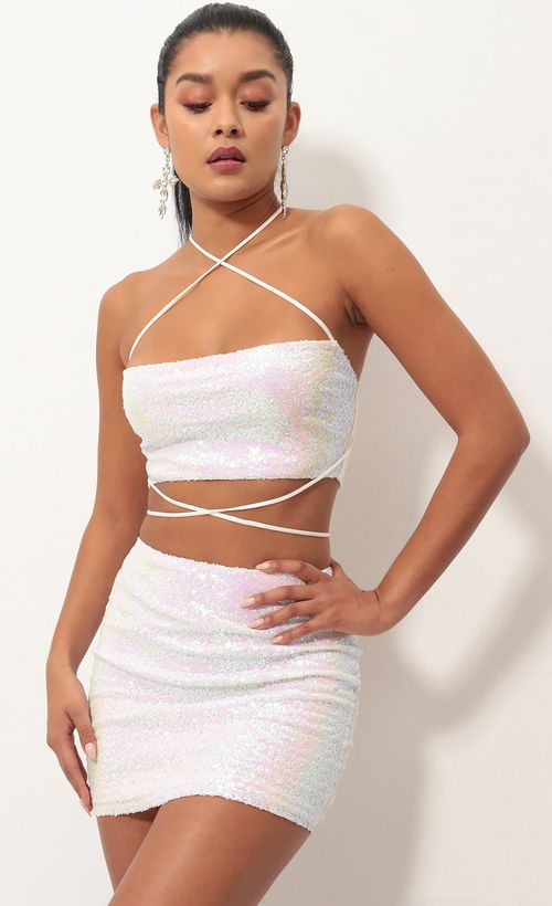 Picture Eva Iridescent Sequin Skirt Set in White. Source: https://media.lucyinthesky.com/data/Oct18_1/500xAUTO/0Y5A3016S.JPG