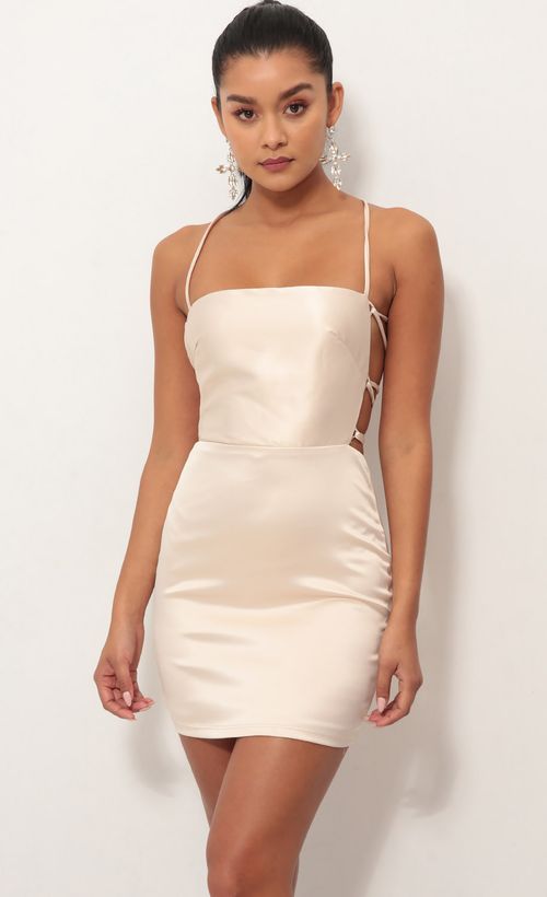 Picture Lulu Satin Lace-up Dress in Champagne. Source: https://media.lucyinthesky.com/data/Oct18_1/500xAUTO/0Y5A3093.JPG