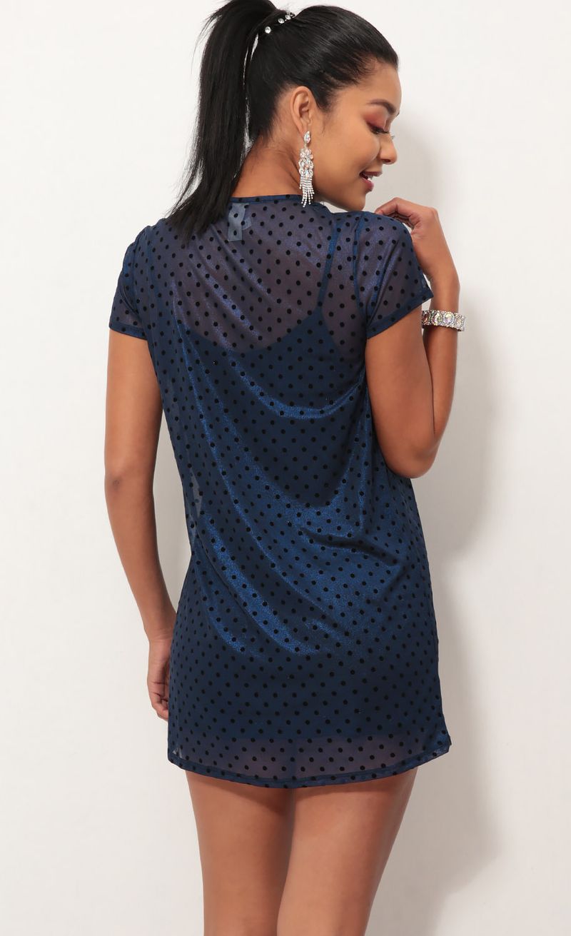 Picture Shimmer Shift Dress in Blue Velvet Polka Dot. Source: https://media.lucyinthesky.com/data/Oct18_1/800xAUTO/0Y5A1286S.JPG