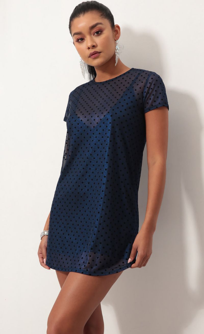 Picture Shimmer Shift Dress in Blue Velvet Polka Dot. Source: https://media.lucyinthesky.com/data/Oct18_1/800xAUTO/0Y5A1290S.JPG