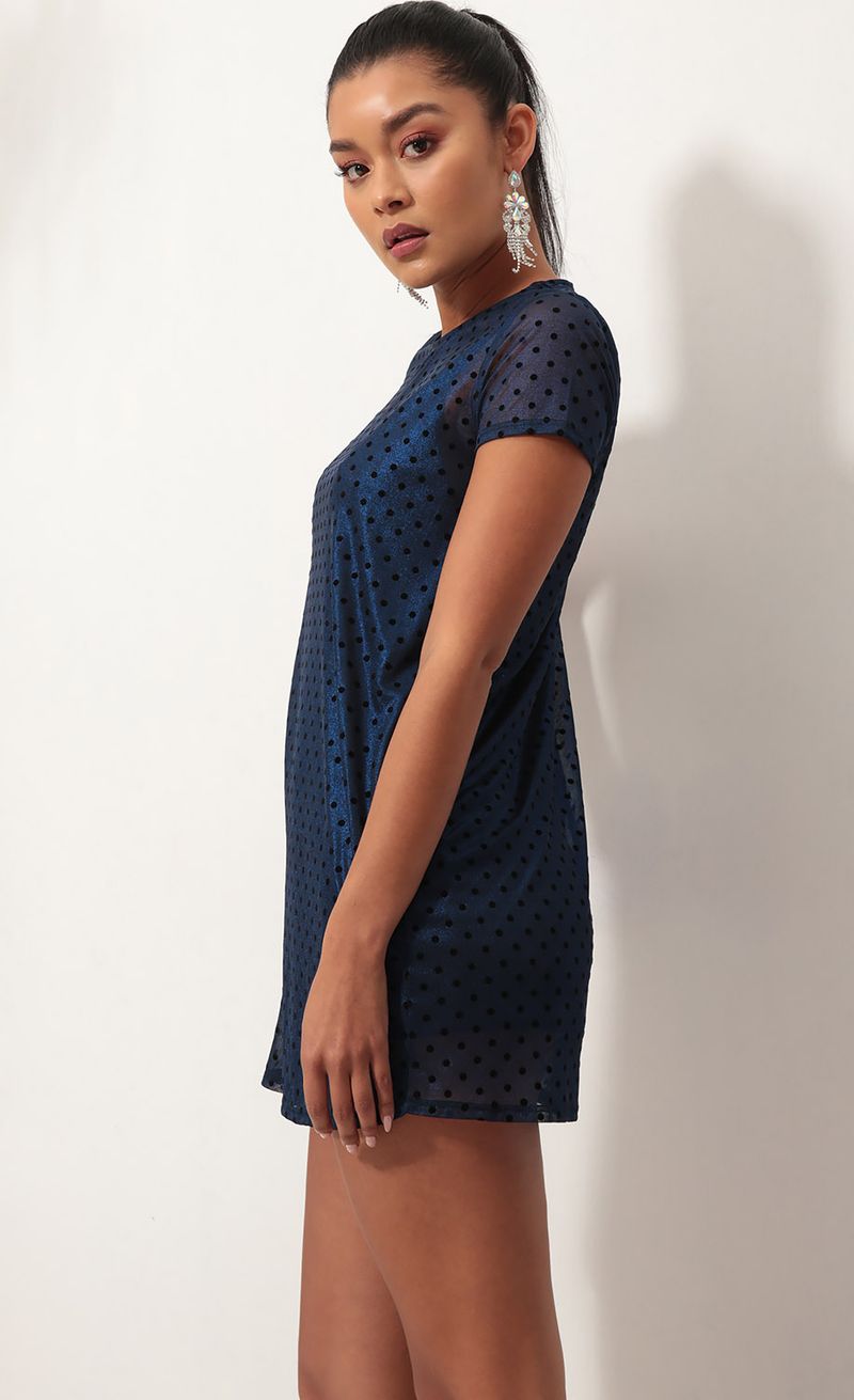 Picture Shimmer Shift Dress in Blue Velvet Polka Dot. Source: https://media.lucyinthesky.com/data/Oct18_1/800xAUTO/0Y5A1305S.JPG