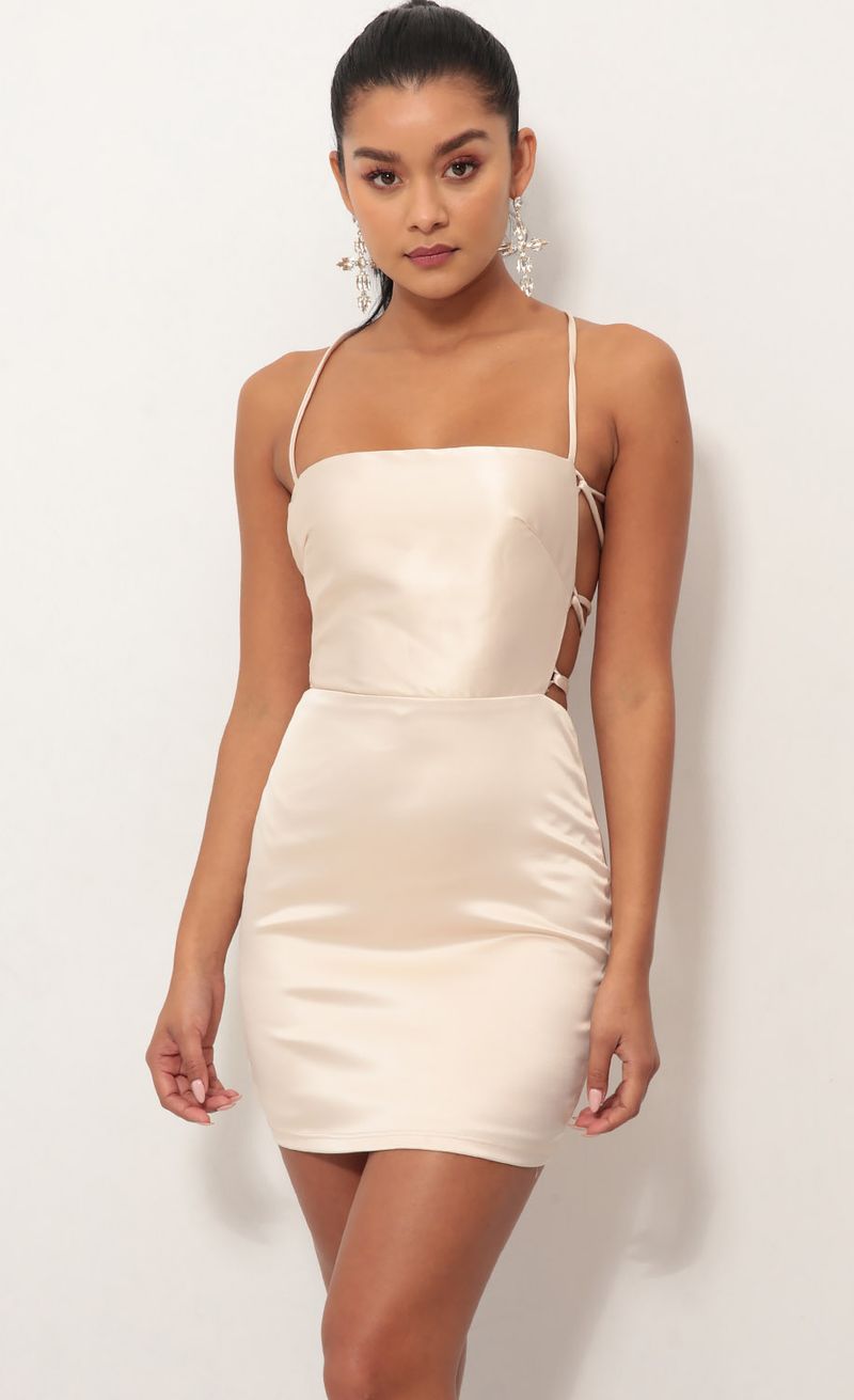 Picture Lulu Satin Lace-up Dress in Champagne. Source: https://media.lucyinthesky.com/data/Oct18_1/800xAUTO/0Y5A3093.JPG