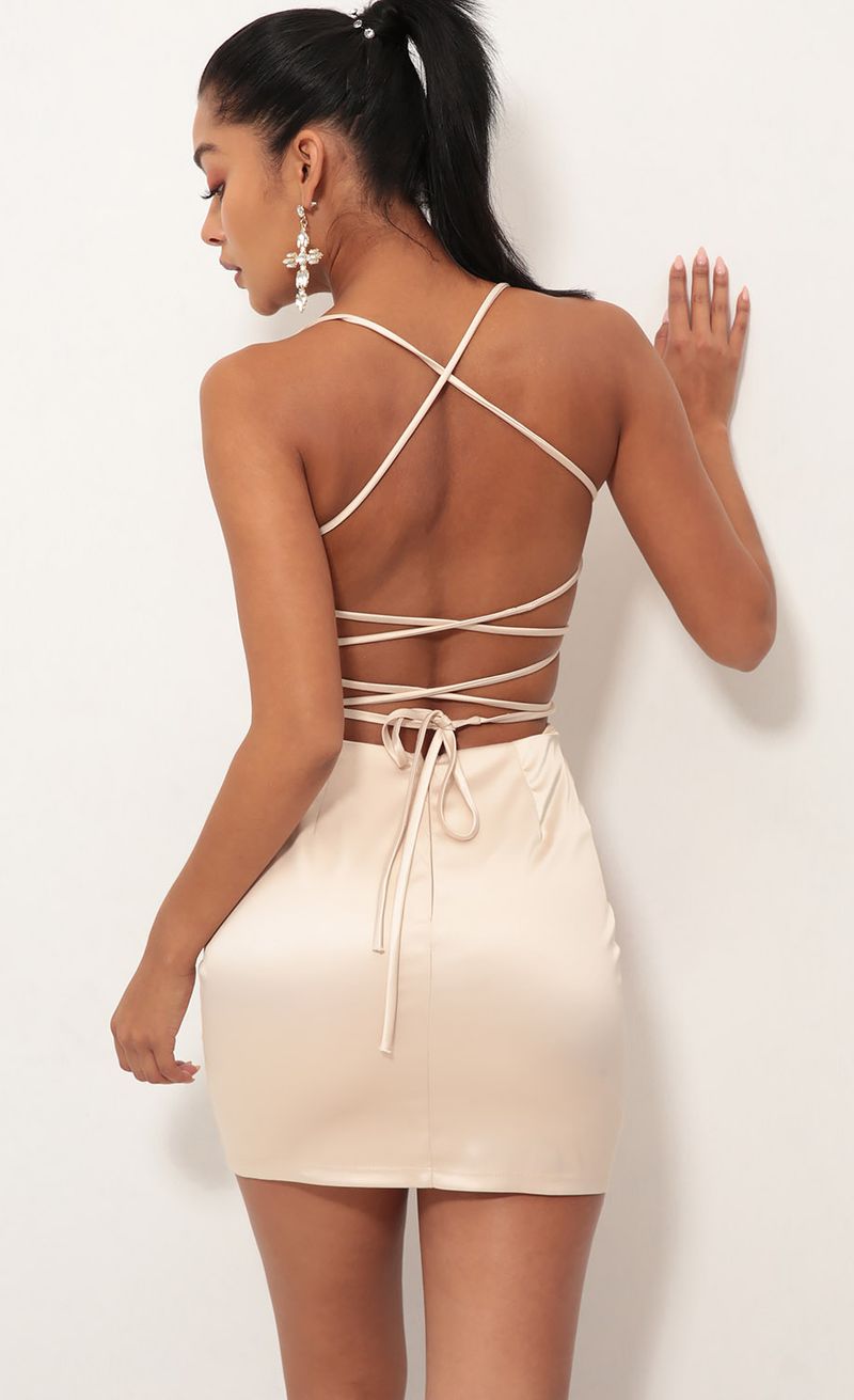 Picture Lulu Satin Lace-up Dress in Champagne. Source: https://media.lucyinthesky.com/data/Oct18_1/800xAUTO/0Y5A3119S.JPG