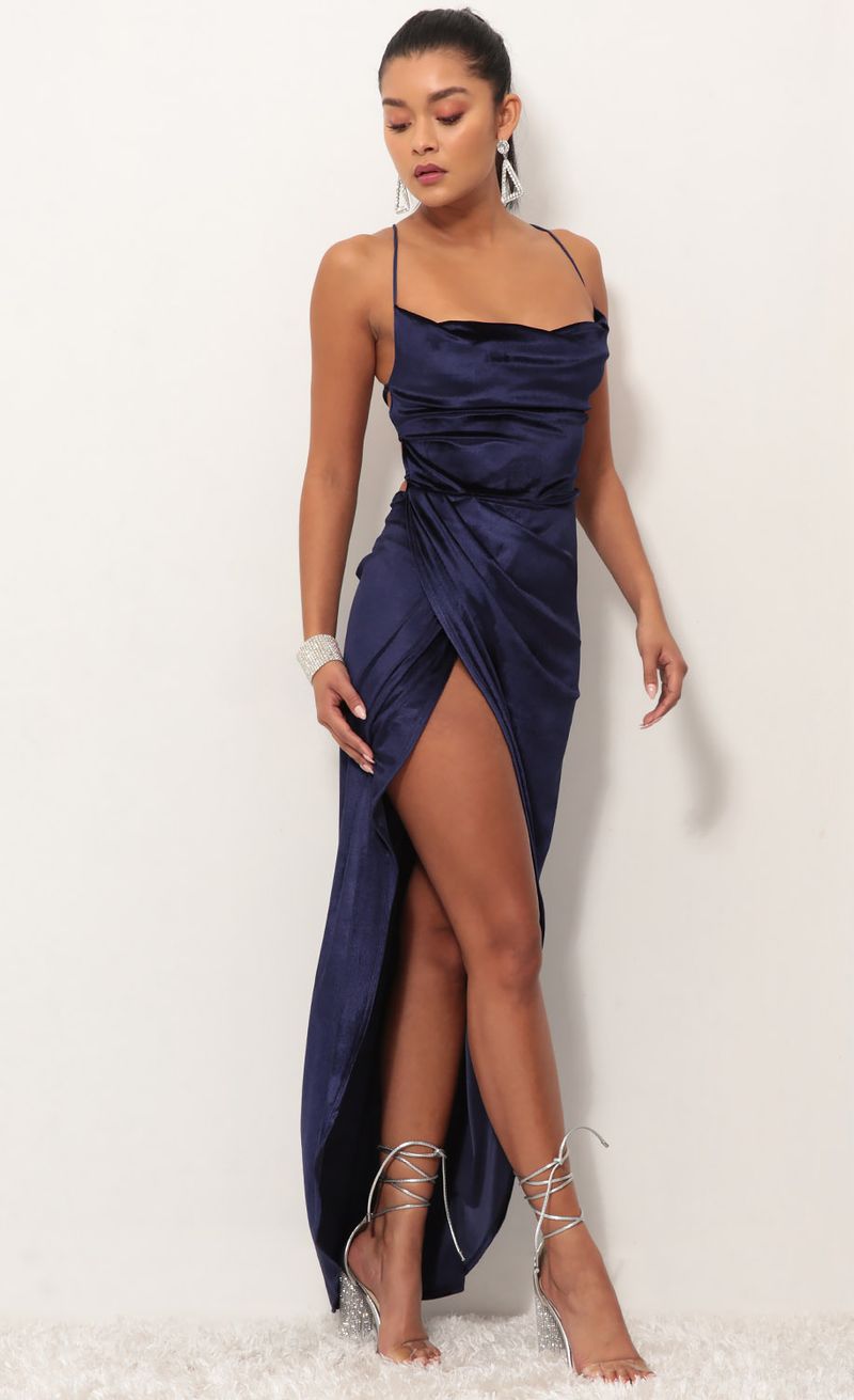 Picture Velvet Luxe Maxi Dress in Navy Blue. Source: https://media.lucyinthesky.com/data/Oct18_1/800xAUTO/0Y5A3585.JPG