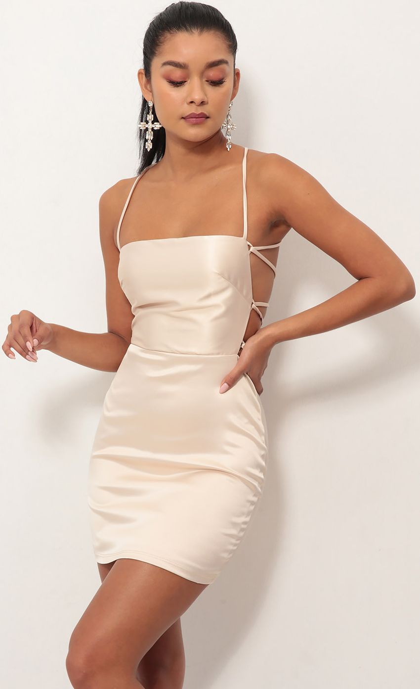 Picture Lulu Satin Lace-up Dress in Champagne. Source: https://media.lucyinthesky.com/data/Oct18_1/850xAUTO/0Y5A3091S.JPG