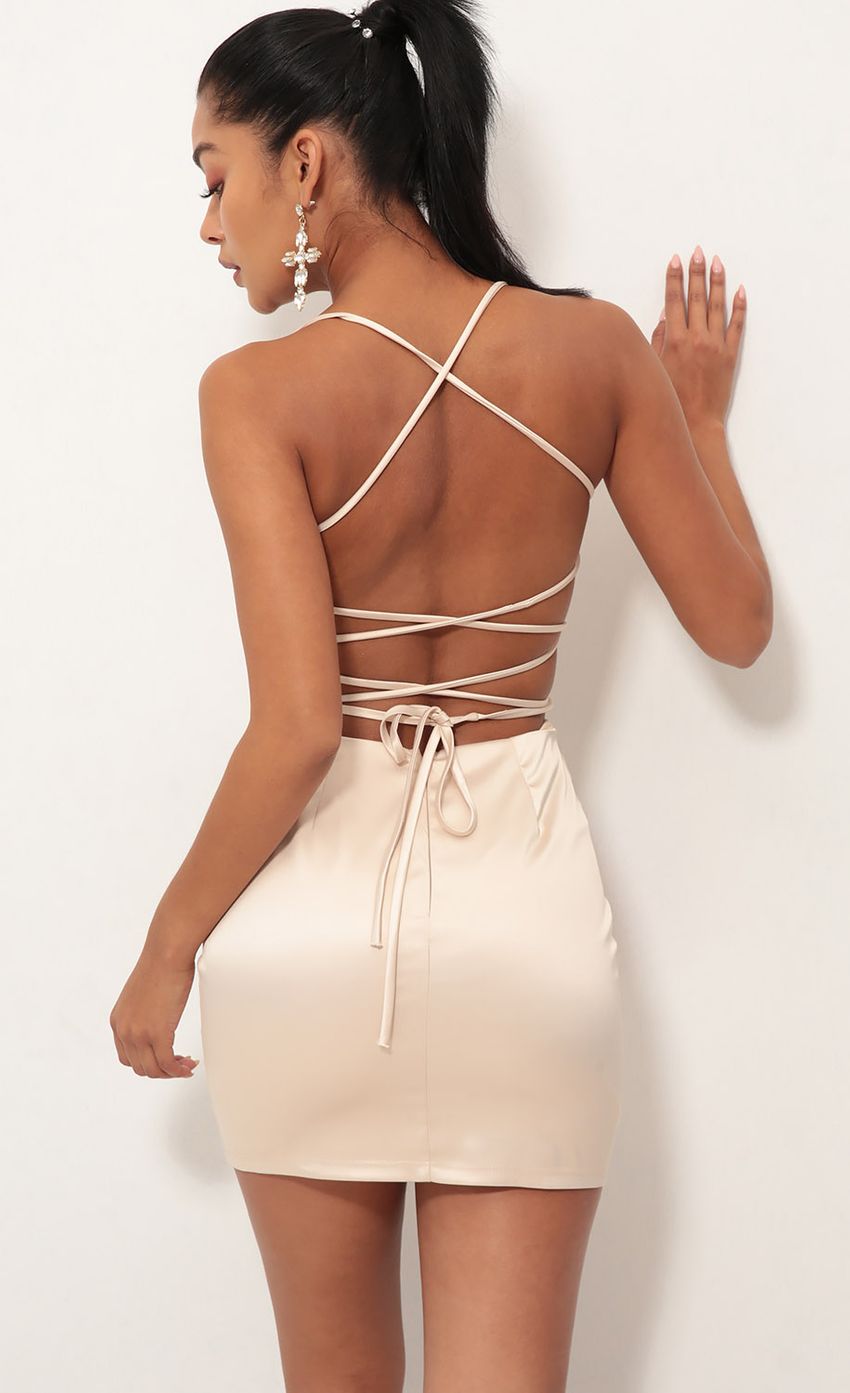 Picture Lulu Satin Lace-up Dress in Champagne. Source: https://media.lucyinthesky.com/data/Oct18_1/850xAUTO/0Y5A3119S.JPG