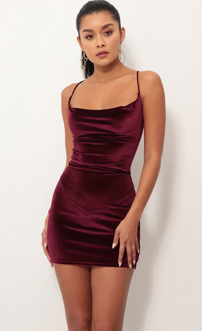 Picture Cowl Neck Velvet Dress in Wine. Source: https://media.lucyinthesky.com/data/Oct18_1/850xAUTO/0Y5A3375S.JPG