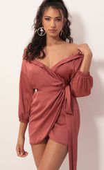 Picture Lorella Off Shoulder Wrap Dress in Satin Rust. Source: https://media.lucyinthesky.com/data/Oct19_1/150xAUTO/781A7211.JPG