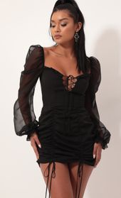 Picture thumb Couture Chiffon Puff Sleeve Dress in Black. Source: https://media.lucyinthesky.com/data/Oct19_1/170xAUTO/781A5784.JPG