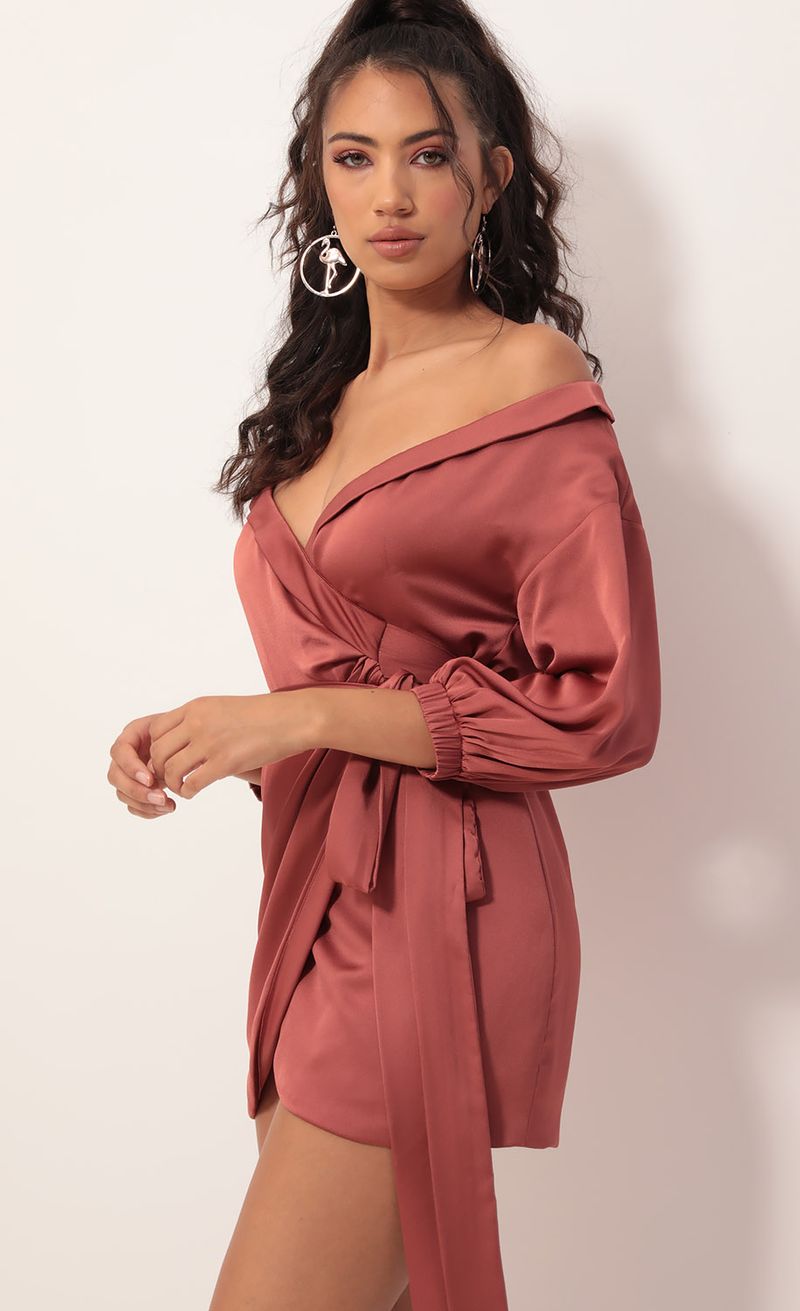 Picture Lorella Off Shoulder Wrap Dress in Satin Rust. Source: https://media.lucyinthesky.com/data/Oct19_1/800xAUTO/781A7224.JPG