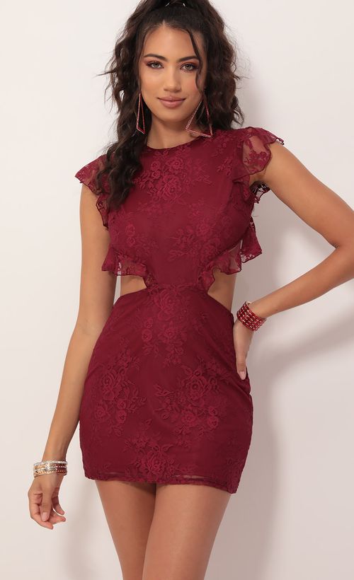 Picture Kerri Lace Frill Cutout Dress in Merlot. Source: https://media.lucyinthesky.com/data/Oct19_2/500xAUTO/781A6848.JPG