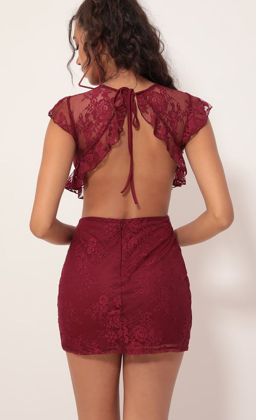 Picture Kerri Lace Frill Cutout Dress in Merlot. Source: https://media.lucyinthesky.com/data/Oct19_2/500xAUTO/781A6873.JPG