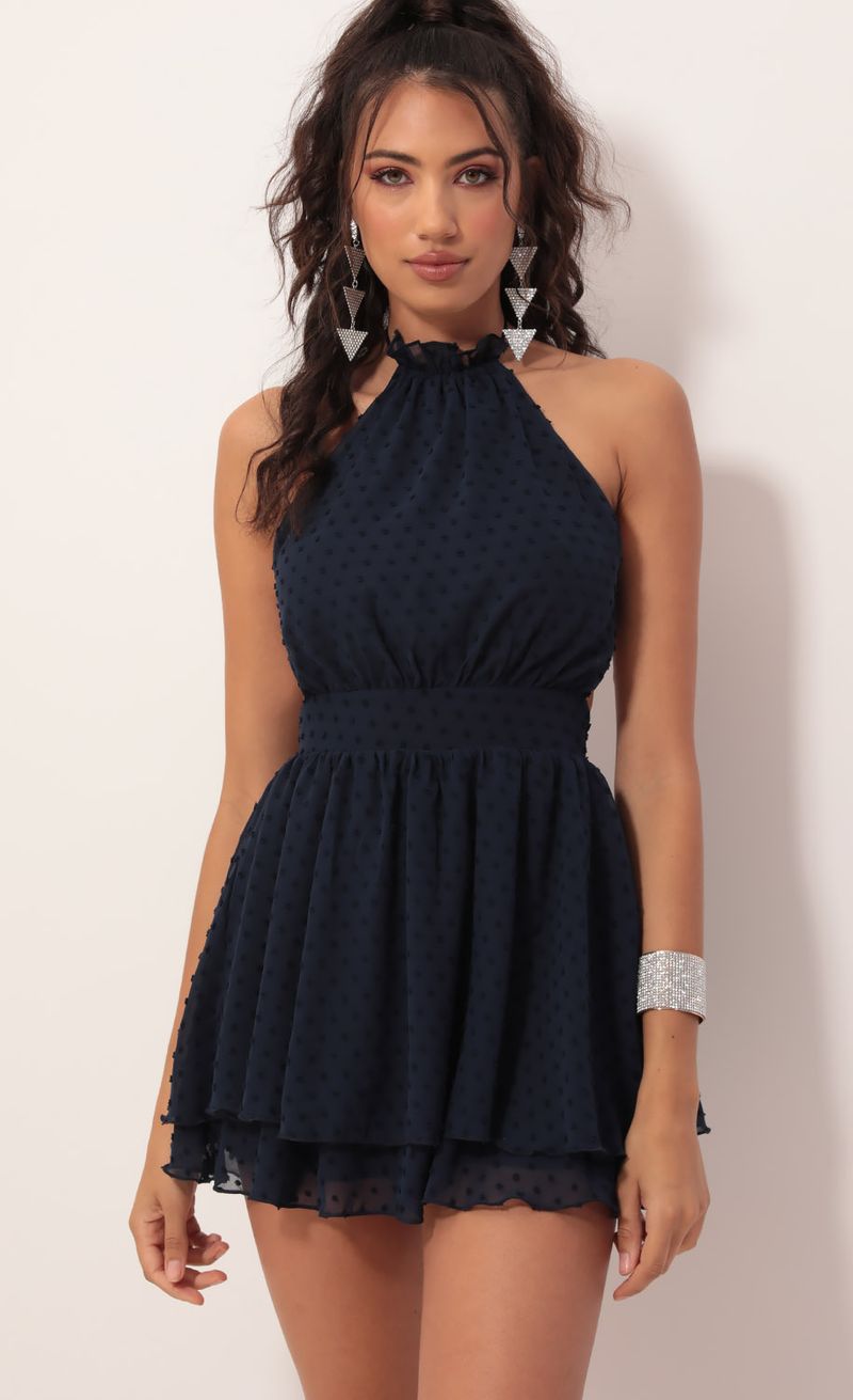 Picture Sara Halter Chiffon Dress in Navy Dots. Source: https://media.lucyinthesky.com/data/Oct19_2/800xAUTO/781A7951.JPG
