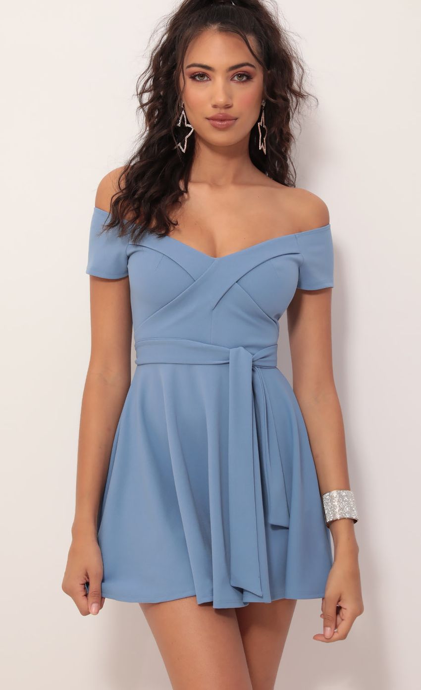 Picture Ambrose Pleated A-line Dress in Blue. Source: https://media.lucyinthesky.com/data/Oct19_2/850xAUTO/781A7867.JPG