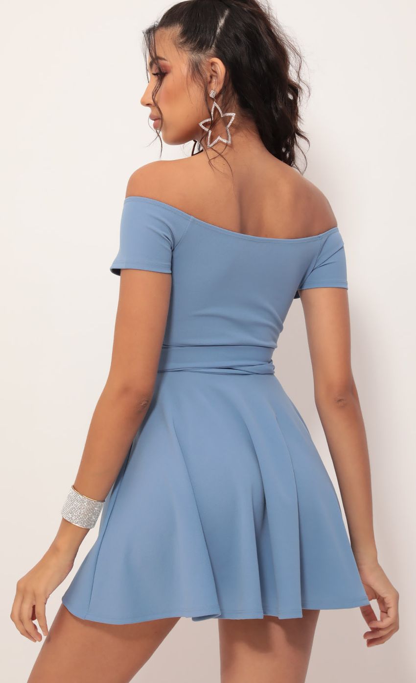 Picture Ambrose Pleated A-line Dress in Blue. Source: https://media.lucyinthesky.com/data/Oct19_2/850xAUTO/781A7894.JPG