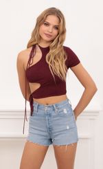 Picture Tied Down Crop Top in Burgundy Shimmer. Source: https://media.lucyinthesky.com/data/Oct20_1/150xAUTO/1V9A3056.JPG