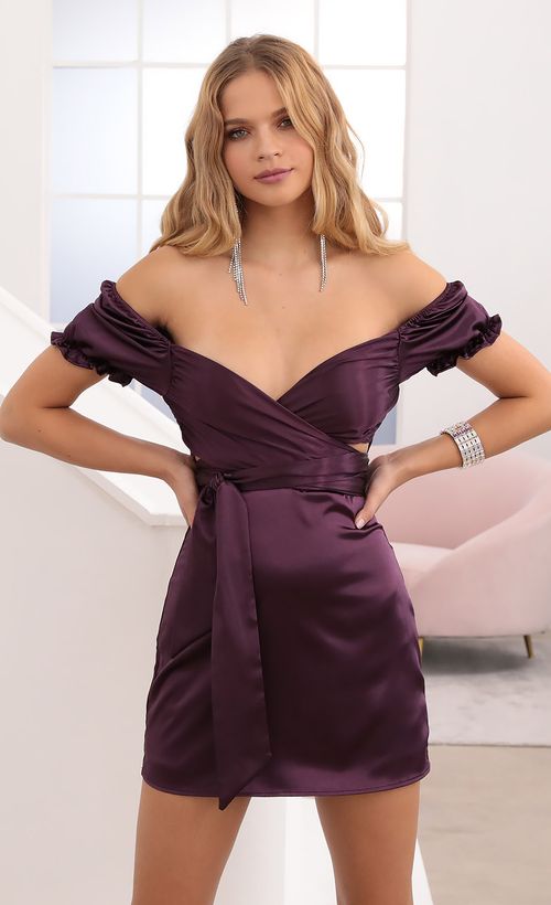 Picture Miley Puff Sleeve Wrap Dress in Plum Satin. Source: https://media.lucyinthesky.com/data/Oct20_1/500xAUTO/1V9A2036.JPG
