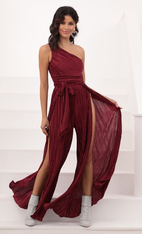 Picture Mary One Shoulder Jumpsuit in Burgundy Shimmer. Source: https://media.lucyinthesky.com/data/Oct20_1/500xAUTO/1V9A2089.JPG
