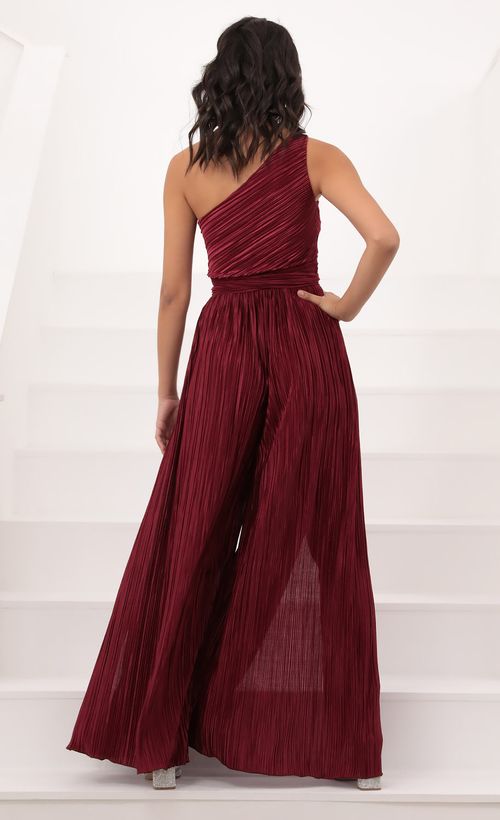Picture Mary One Shoulder Jumpsuit in Burgundy Shimmer. Source: https://media.lucyinthesky.com/data/Oct20_1/500xAUTO/1V9A21751.JPG
