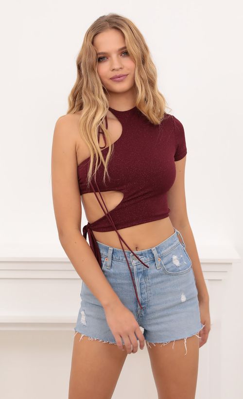 Picture Tied Down Crop Top in Burgundy Shimmer. Source: https://media.lucyinthesky.com/data/Oct20_1/500xAUTO/1V9A3050.JPG