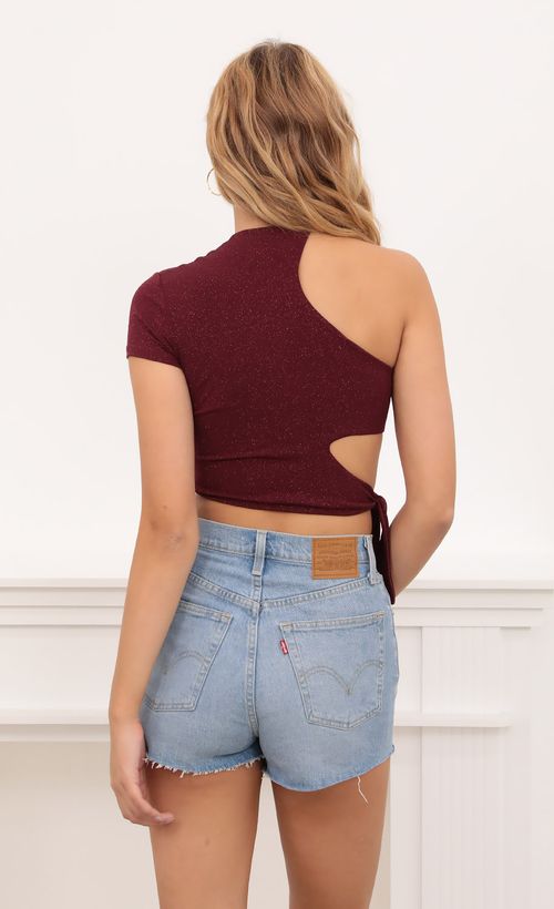 Picture Tied Down Crop Top in Burgundy Shimmer. Source: https://media.lucyinthesky.com/data/Oct20_1/500xAUTO/1V9A3152.JPG