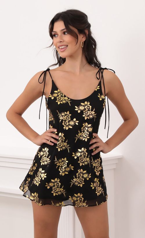 Picture Kiara Chiffon Tie Dress In Black Gold. Source: https://media.lucyinthesky.com/data/Oct20_1/500xAUTO/1V9A6130.JPG
