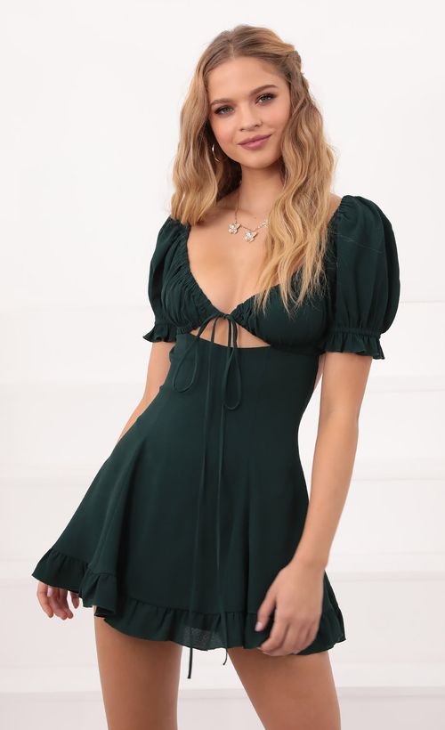 Picture Isela Puff Sleeve Dress in Hunter Green. Source: https://media.lucyinthesky.com/data/Oct20_1/500xAUTO/781A6323.JPG
