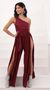 Picture Mary One Shoulder Jumpsuit in Burgundy Shimmer. Source: https://media.lucyinthesky.com/data/Oct20_1/50x90/1V9A2115.JPG