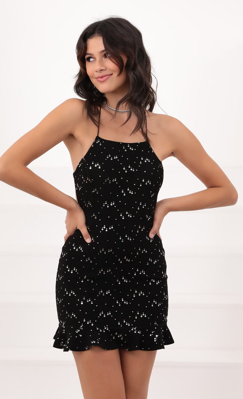 Picture Gabby Halter Ruffle Dress in Black and Silver Shimmer. Source: https://media.lucyinthesky.com/data/Oct20_1/800xAUTO/1V9A4632.JPG