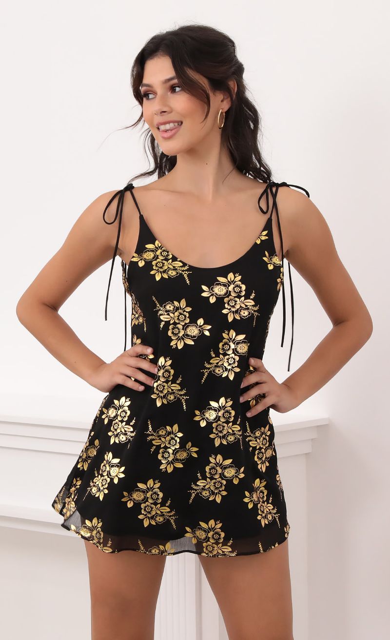 Picture Kiara Gold Floral Chiffon Tie Dress in Black. Source: https://media.lucyinthesky.com/data/Oct20_1/800xAUTO/1V9A6130.JPG