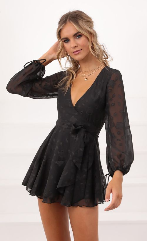 Picture Lexi Ruffle Wrap Dress in Black Floral. Source: https://media.lucyinthesky.com/data/Oct20_2/500xAUTO/1V9A5703.JPG