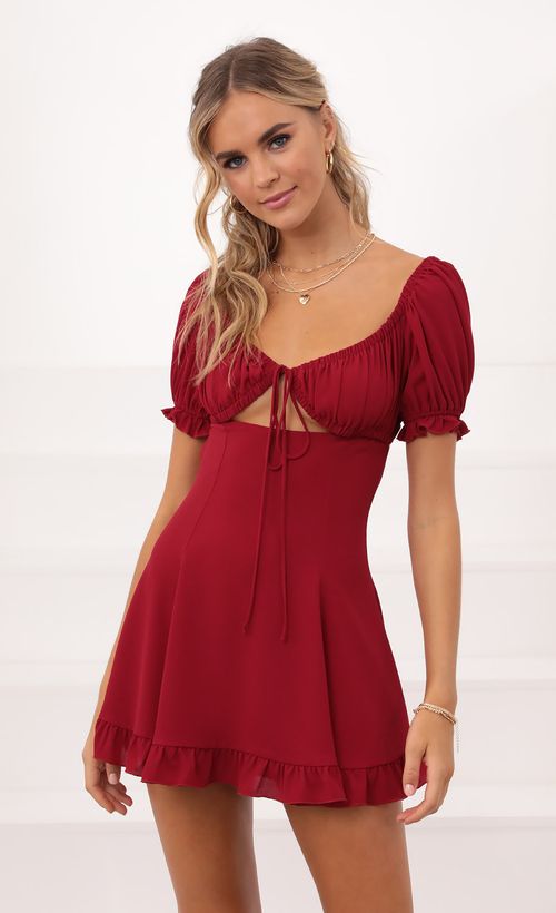 Picture Isela Puff Sleeve Dress in Burgundy. Source: https://media.lucyinthesky.com/data/Oct20_2/500xAUTO/1V9A5915.JPG