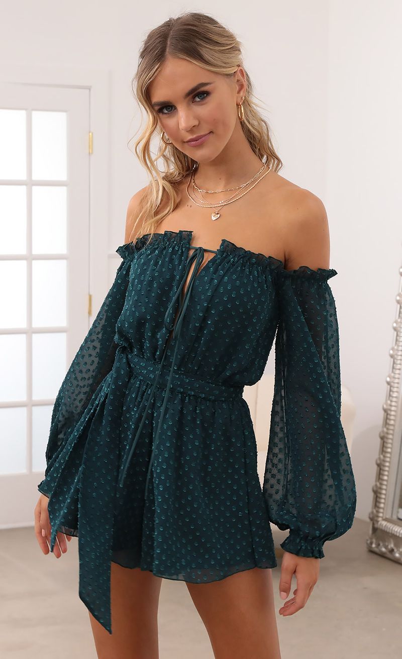 Picture Vallarta Off The Shoulder Chiffon Dot Romper in Turquoise. Source: https://media.lucyinthesky.com/data/Oct20_2/800xAUTO/1V9A5552.JPG
