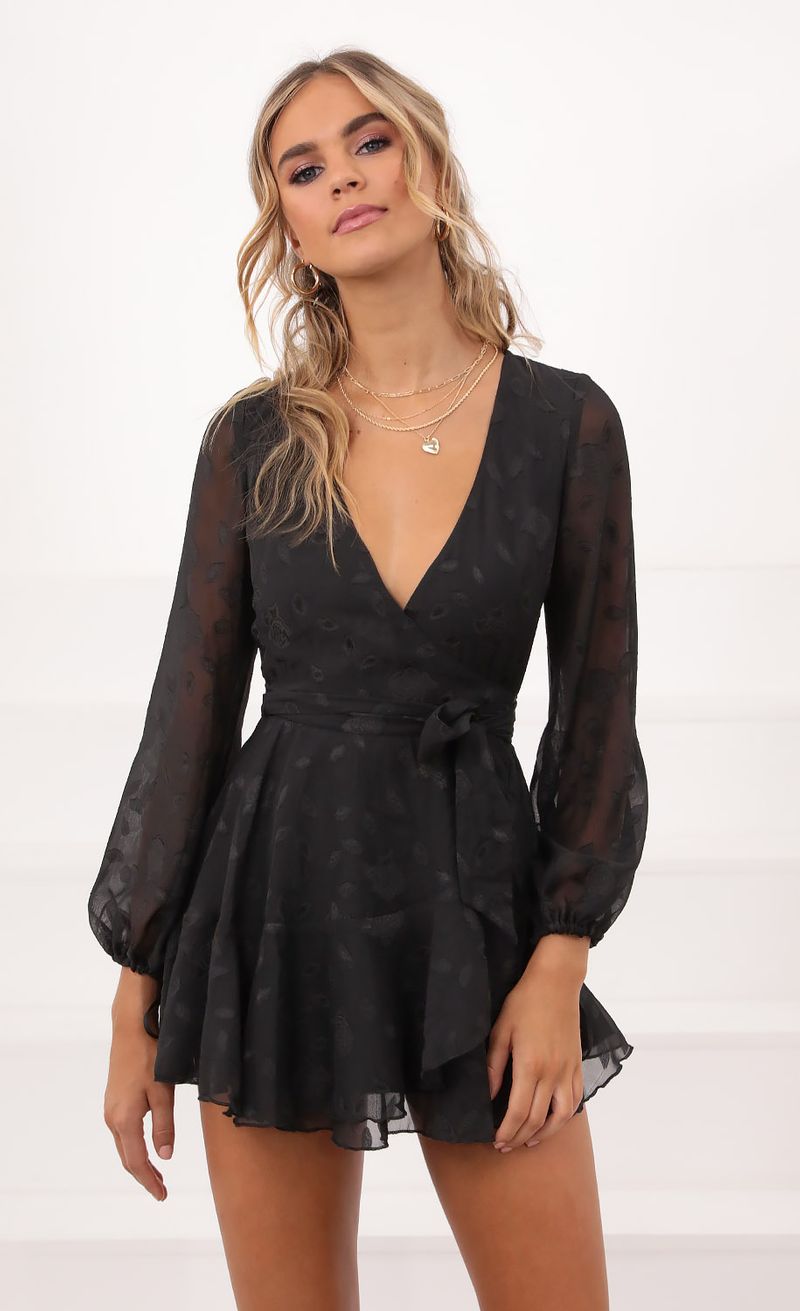 Picture Lexi Ruffle Wrap Dress in Black Floral. Source: https://media.lucyinthesky.com/data/Oct20_2/800xAUTO/1V9A5682.JPG