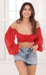 Picture Sadie Off The Shoulder Top in Dotted Coral. Source: https://media.lucyinthesky.com/data/Oct21_1/150xAUTO/1V9A9964.JPG
