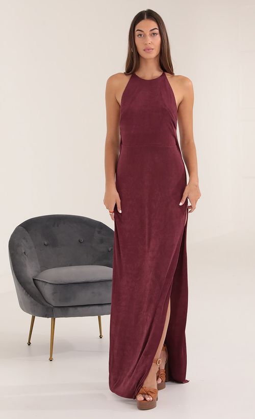 Picture Luna Long Drape Back Dress in Burgundy. Source: https://media.lucyinthesky.com/data/Oct21_1/500xAUTO/1V9A2304.JPG